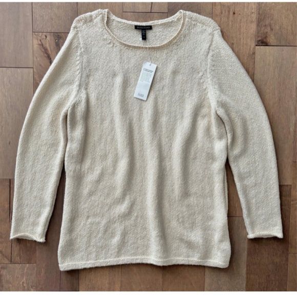 Eileen Fisher Ballet Neck Knit Pullover Sweater Alpaca Blend Soft Off White L